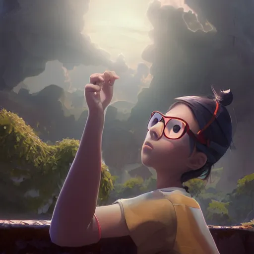 Prompt: A young girl with glasses looking to the sky, designed by Peter Andrew Jones and Pixar, photorealistic, 3d render, award winning render, unreal engine, octane render, studio lighting, 8k, hd, Dustin Nguyen, Akihiko Yoshida, Greg Tocchini, Greg Rutkowski, Cliff Chiang, PIXAR