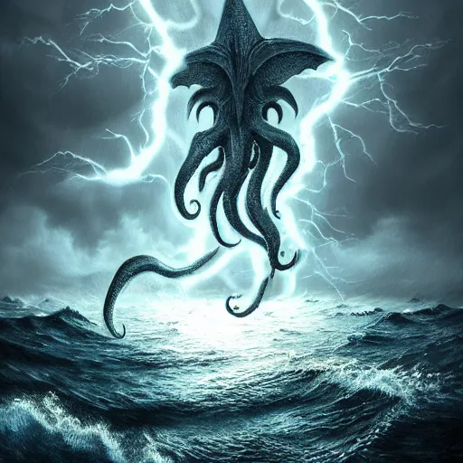 Prompt: the monster Cthulhu in the middle of the ocean with a storm and lightning, ultra realistic artstation, ultra detailed, concept art