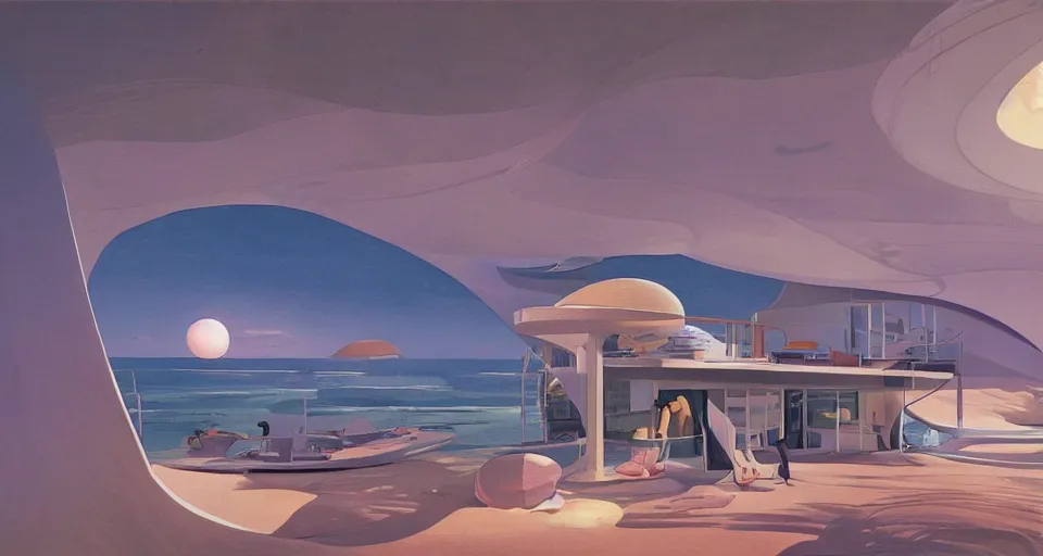 Prompt: nacre seashell house, atmospheric cinematography by syd mead