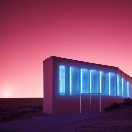 Image similar to concrete structure in the desert at night, neon lights, minimalist architecture, james turrel,