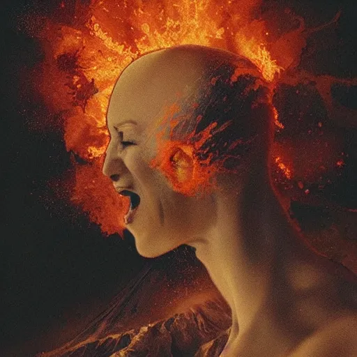 Image similar to “ a bald woman running from an erupting volcano while holding her wig and screaming ”