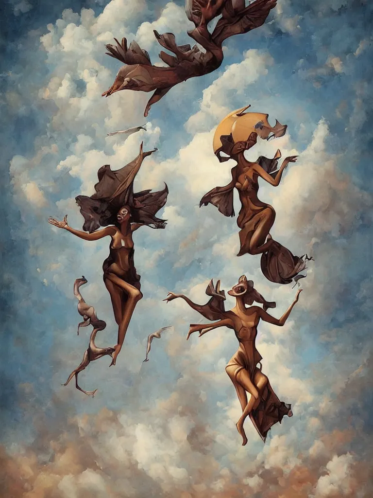 Prompt: beautiful woman hovering straight up in the air, surrealist, dada, by peter mohrbacher, by esao andrews, by max ernst, by leonora carrington, by james jean, oil on canvas