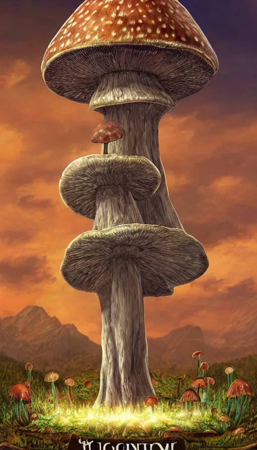 Image similar to a masterpiece hyperdetailed dnd tarot card, magnificent mushroom deity as depicted in a colossal greek marble statue ( with godlike perfect bodybuilder physique ), hd tarot card depicting monumental statue of a noble mushroom god with cute large mushroom hat, hdr, 8 k, artstationhq, digital art