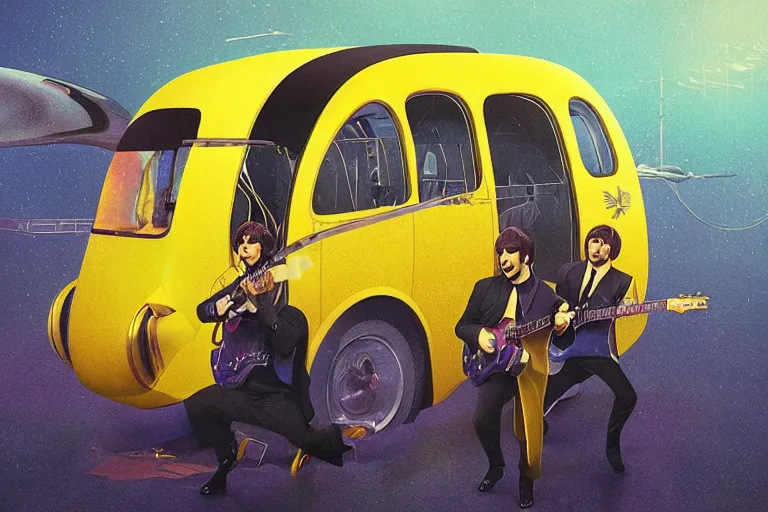 Prompt: the beatles performs with guitar on a yellow flying bus, sci fi, art by mike winkelmann, trending on cgsociety, retrofuturism, darksynth, sci - fi