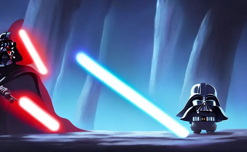 Image similar to darth vader force choking totoro in a space opera studio ghibli animated film, d & d, fantasy concept art, global illumination, interesting composition, volumetric lighting, art by enki bilial, highly detailed