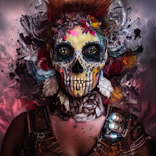 Image similar to full body pose, hyperrealistic mixed media painting of beautiful skull woman, dim volumetric lighting, 8 k, octane beautifully detailed render, extremely hyper detailed, intricate, epic composition, cinematic lighting, masterpiece, trending on artstation, very very detailed, masterpiece, stunning, hdr, smooth, sharp focus, high resolution, award, winning photo, dslr, 5 0 mm