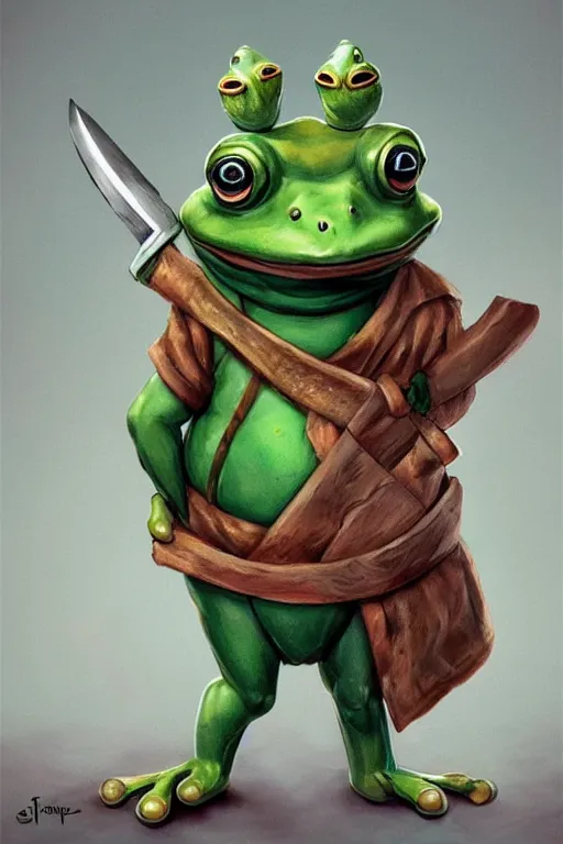 Prompt: cute anthropomorphic frog wearing butcher clothes with a hat and holding a cleaver knife ,tiny, small, miniature frog, baby animal, short, pale blue armor, cute and adorable, pretty, beautiful, DnD character art portrait, matte fantasy painting, cgsociety Artstation, by Jason Felix by Steve Argyle by Tyler Jacobson by Peter Mohrbacher, cinematic lighting