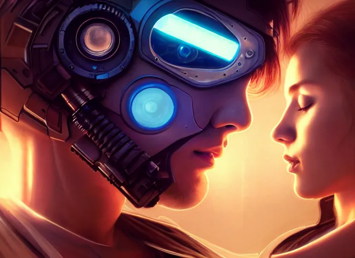 Image similar to ultra realistic medium shot of a couple of cyborgs kissing, lovers, cyberpunk, sci - fi, kodak, faces, colour led, soft light, volumetric lighting, fog, rays, night, intricate detailed, digital painting, concept art, smooth, sharp focus, illustration, art by artgerm and greg rutkowski and alphonse mucha