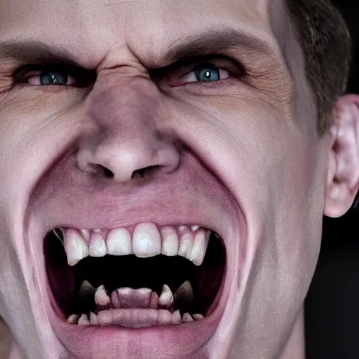 Image similar to Jerma985 with a wide smile, sinister looking, evil intent, horror, uncanny, detailed, high resolution, sharpened, close-up, professional photography, studio lighting, hyperrealistic, real life