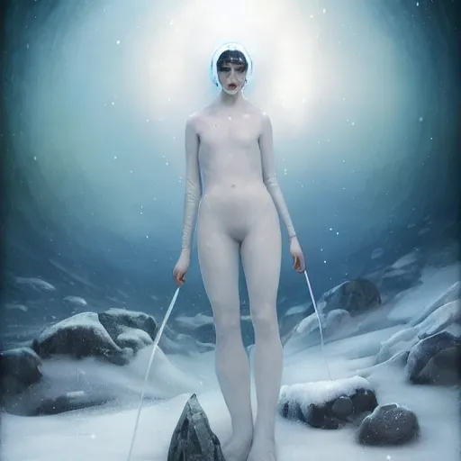 Image similar to a hyperrealistic illustration of a human in the Arctic, white long clothes, snow on the body, blue transparent ice with fractal sunlight, award-winning, masterpiece, in the style of Tom Bagshaw, Cedric Peyravernay, Peter Mohrbacher