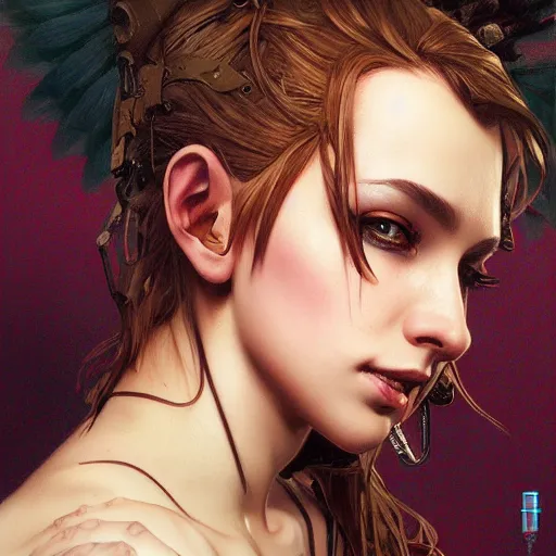 Image similar to highly detailed portrait of a punk young lady by by Artgerm,Greg Rutkowski,Alphonse Mucha, 4k resolution