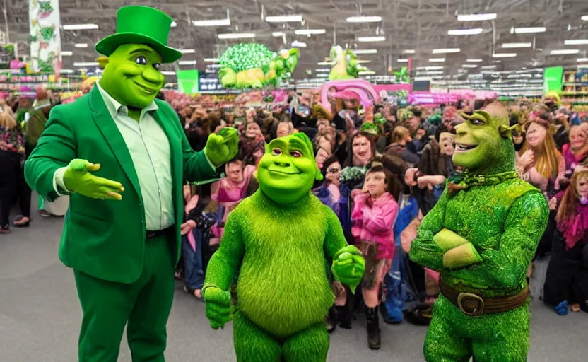 Prompt: shrek and a leprechaun live in asda, with thousands of spectators