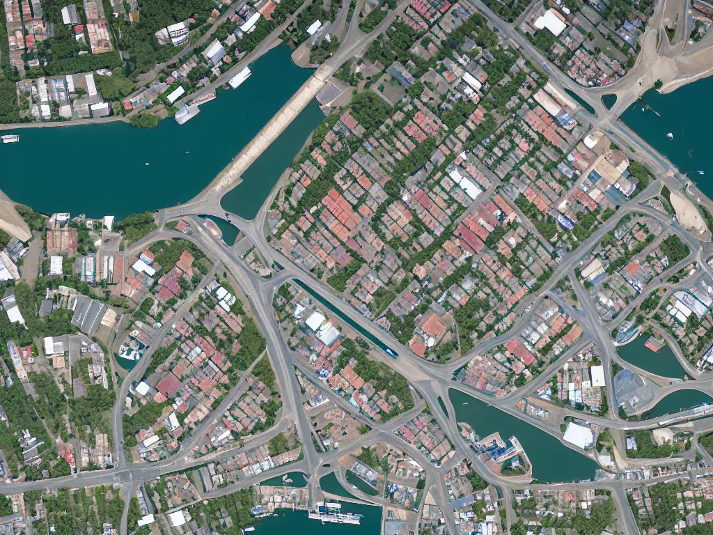 Image similar to satellite imagery of a small city with shops, shipping dock, and beach to the south. a bridge crosses a big lake, with a town hall, marketplace, and towers to the north. there is a field in the middle of the city. small hills and woods north of the city