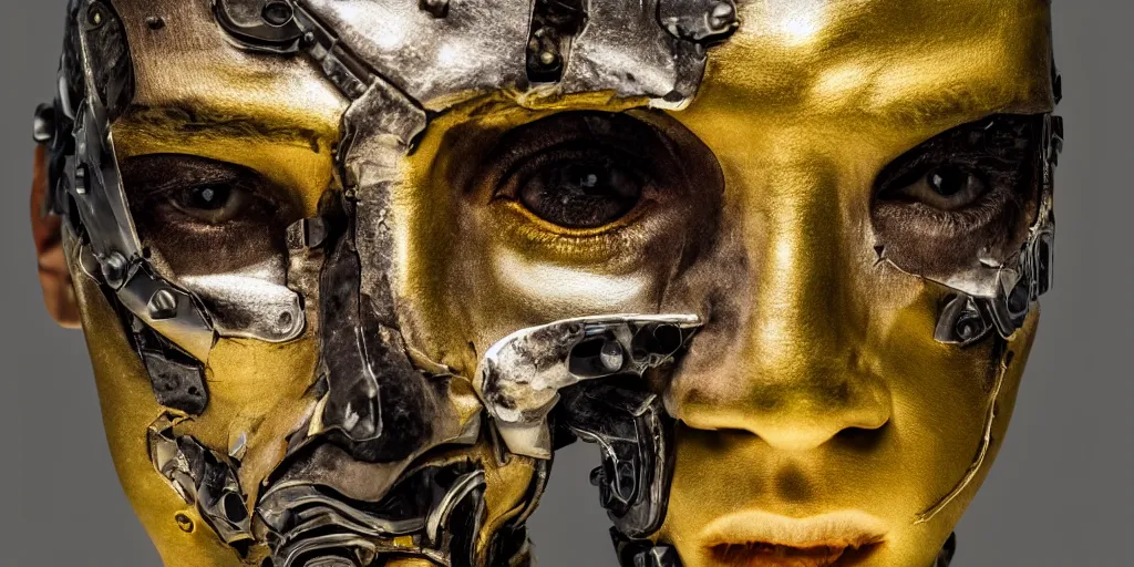 Image similar to half a human face, skin layers made of metal, cyber punk, strong yellow light reflecting off the skin, studio lighting, professional photography, film prop