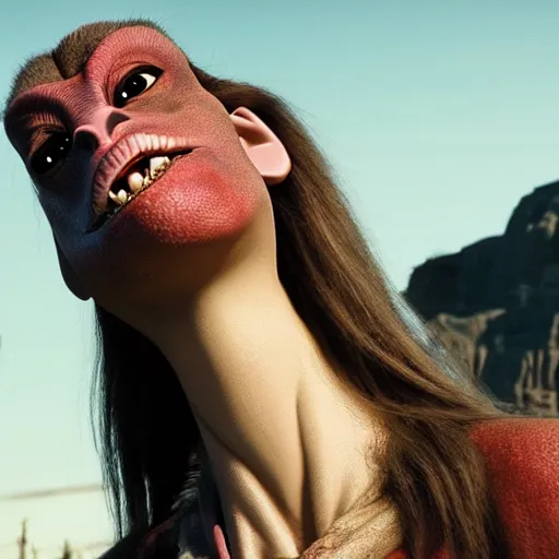 Image similar to film still of jar jar binks as a female cowgirl, long eyeslashes, big juicy lips, big seductive eyes, dramatic cinematic lighting, beautiful magic hour lighting, dolce & gabbana campaign