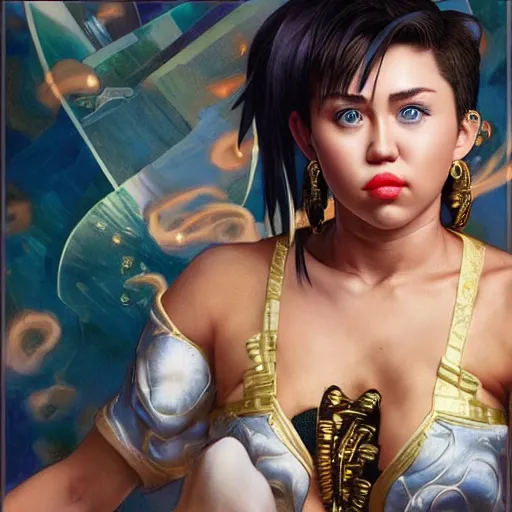 Image similar to miley cyrus as chun li from street fighter, portrait, 4 k, ultra realistic, detailed focused art by artgerm and greg rutkowski and alphonse mucha