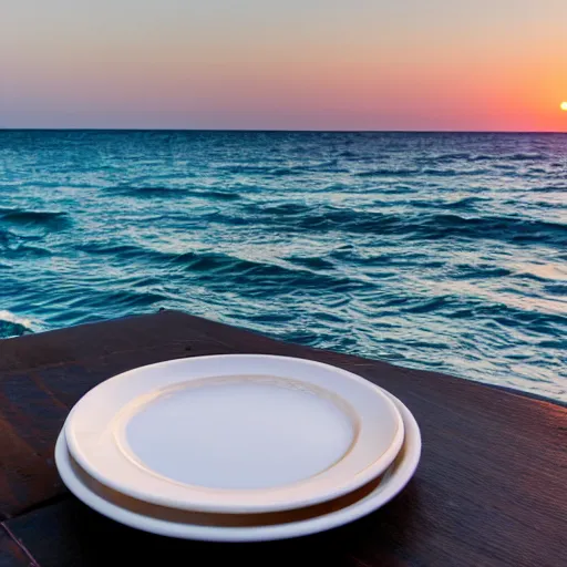 Image similar to professional photo of empty white dish in the middle of a table with a sunset on the beach in the background