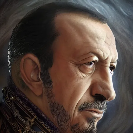 Image similar to portrait of recep tayyip erdogan, d & d, face, dark fantasy, intricate, elegant, highly detailed, digital painting, artstation, concept art, smooth, sharp focus, illustration, art by artgerm and greg rutkowski and alphonse mucha