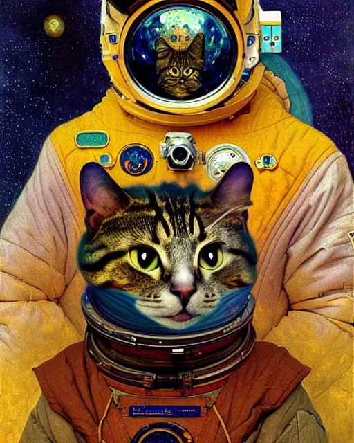 Image similar to cosmonaut cat portrait an oil painting splashes with many colors and shapes by gustav klimt greg rutkowski and alphonse mucha, polycount, generative art, psychedelic, fractalism, glitch art