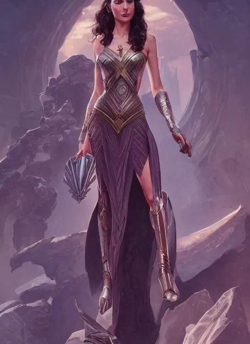 Image similar to full length photo of gal gadot wearing a dress, intricate, elegant, highly detailed, digital painting, artstation, concept art, matte, sharp focus, illustration, hearthstone, art by artgerm and greg rutkowski and alphonse mucha