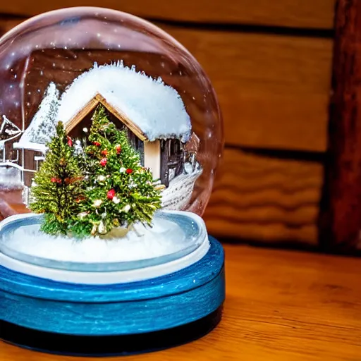 Image similar to A snowglobe on display with a log cabin inside.