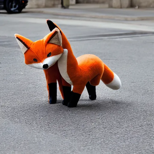 Image similar to Two fox plushies playfully wrestling on the sidewalk, dynamic, motion blur, 1/4 shutter speed, award winning photography