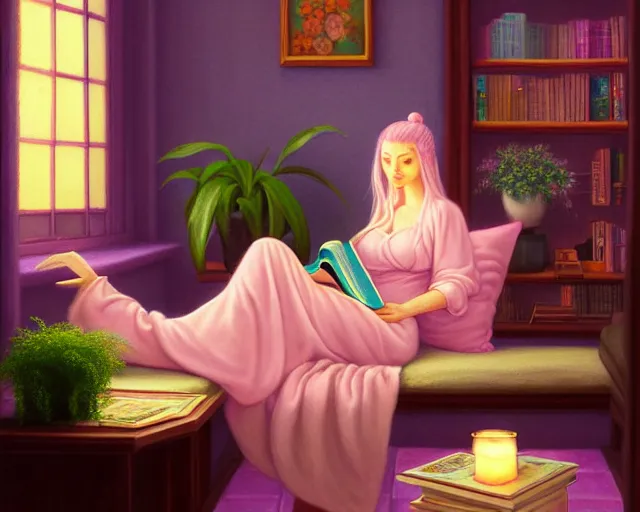 Image similar to a pastel painting of a woman wizard lounging on a purpur pillow on the marbled checkered floor in her study room reading an ancient tome. to the side is a potted plant, candlelit raytracing. ancient oriental retrofuturistic fantasy setting. 4 k key art. by yoshitaka amano and mark tedin