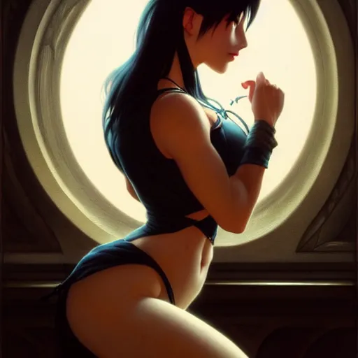 Image similar to of Tifa Lockheart, dark fantasy, medium shot, intricate, elegant, highly detailed, digital painting, volumetric light, artstation, concept art, smooth, sharp focus, illustration, art by Gil Elvgren and Greg Rutkowski and Alphonse Mucha