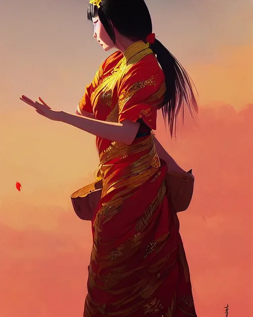 Image similar to asian female wearing traditional vietnam costume, full moon on the sky, a ultra detailed beautiful panting by ilya kuvshinov, greg rutkowski and makoto shinkai, trending on artstation