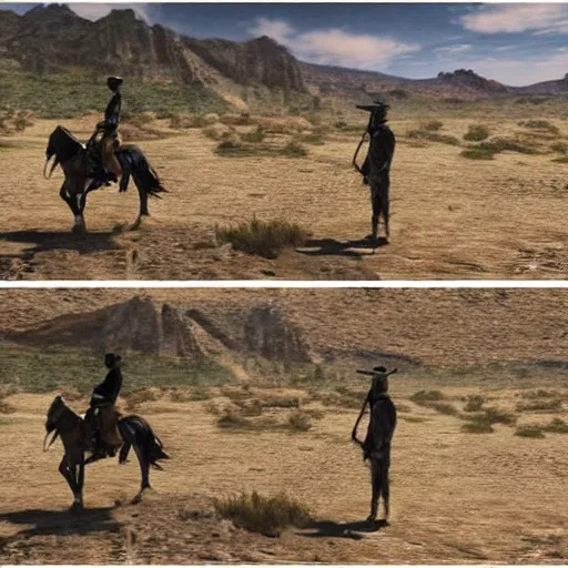 Image similar to stable diffusion vs midjourney in a wild west shootout, cinematic