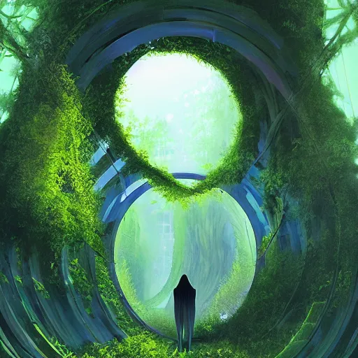 Image similar to portal in a middle of a lush futuristic forest, alien world seen through a portal, person in a cloak standing in front of a portal, syd mead, john harris