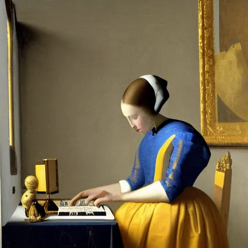 Prompt: painting of a royal female cosmonaut using a computer by Vermeer, Dutch Golden Age