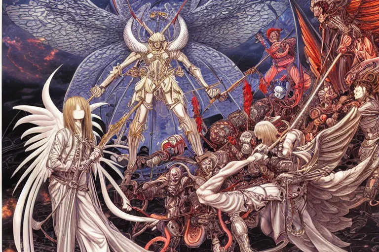 Prompt: hyper detailed illustration of angels battling demons, intricate linework, in the stlye of moebius, ayami kojima, 90's anime, retro fantasy