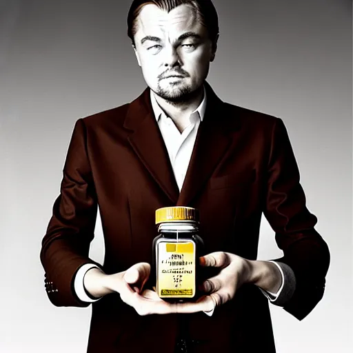 Prompt: detailed studio portrait of leonardo dicaprio holding tiny jar of tincture. watching ar camera. studio light, polished look, solid background, ad, fashion photography, by pierpaolo ferrari and maurizio cattelan, 3 5 mm photograph, david lachapelle, canon eos c 3 0 0, 8 k