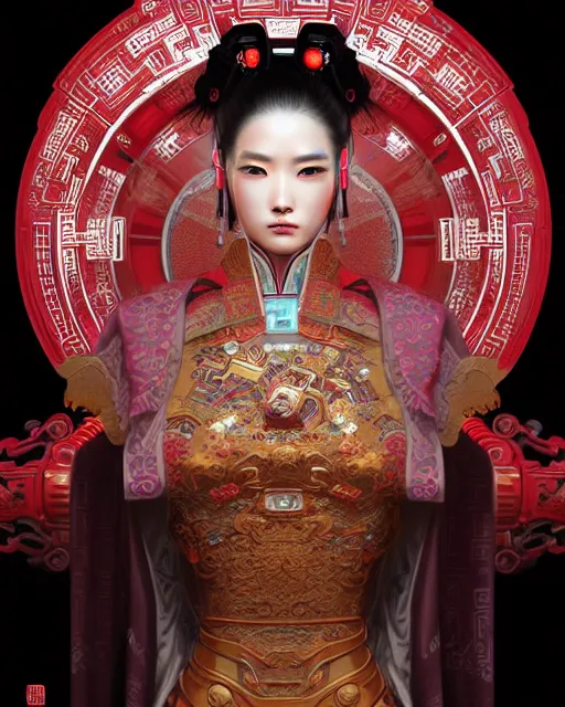 Image similar to portrait of a chinese cyberpunk machine, machine face, robed, upper half portrait, decorated with chinese opera motifs regal royal fierce machine robot cyberpunk fine china, wuxia, traditional chinese art intricate intense elegant highly detailed digital painting artstation concept art smooth sharp focus illustration, art by artgerm and greg rutkowski alphonse mucha 8 k