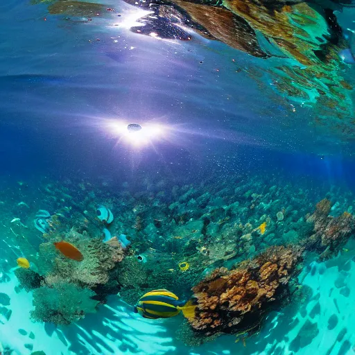 Prompt: chrome sphere in great barrier reef, underwater photography, detailed, 4k