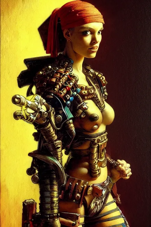 Image similar to full character portrait max mad cyberpunk warhammer 4 0 k, warrior marine the girl with the pearl earring character design, painting by gaston bussiere, katsuya terada, frank frazetta, gerald brom, mucha, tom of finland, trending on artstation