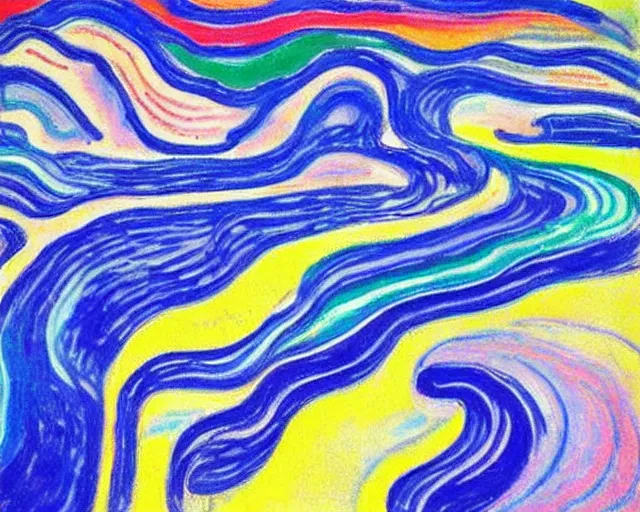 Image similar to Ocean waves in a psychedelic dream world. DMT. Curving rivers. Craggy mountains. Landscape painting by Edvard Munch. David Hockney. Wayne Thiebaud.