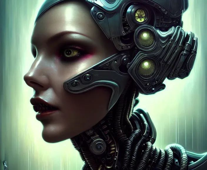 Prompt: portrait shot of a cyberpunk robot woman, dark background, intricate, elegant, highly detailed, centered, digital painting, artstation, concept art, smooth, sharp focus, illustration, artgerm, tomasz alen kopera, peter mohrbacher, donato giancola, joseph christian leyendecker, wlop, boris vallejo