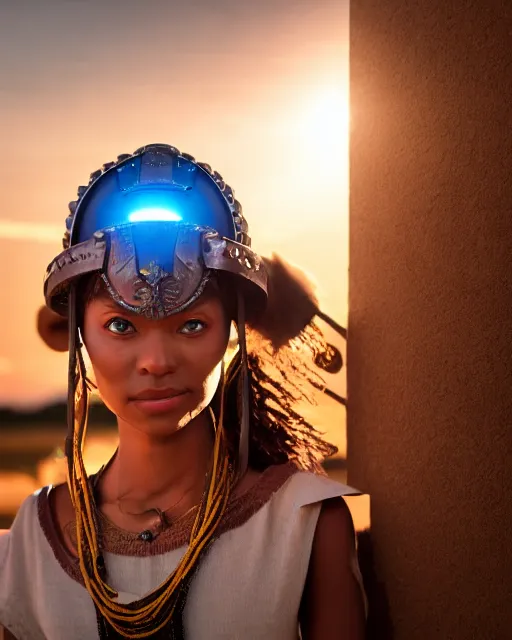 Image similar to centered medium shot fine studio photograph of a young woman wearing only a solarpunk mecha Maasai helmet with bright lights, ultra-realistic, white background, 8k HDR sunset lit, intricate