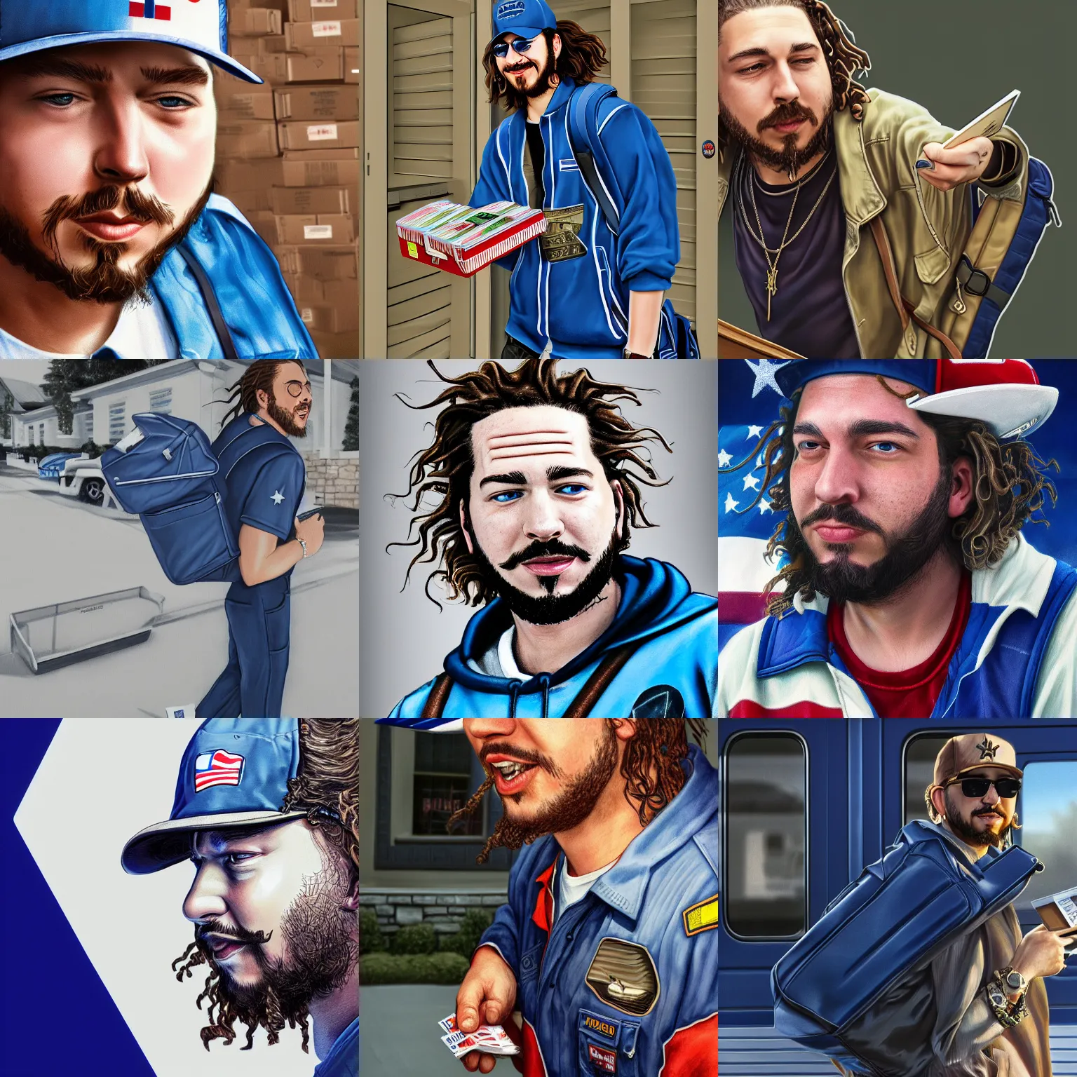 Prompt: a closeup photorealistic illustration of post malone us mail carrier delivering mail from blue bag. fine detail. this 4 k hd image is trending on artstation, featured on behance, well - rendered, extra crisp, features intricate detail, epic composition and the style of unreal engine.