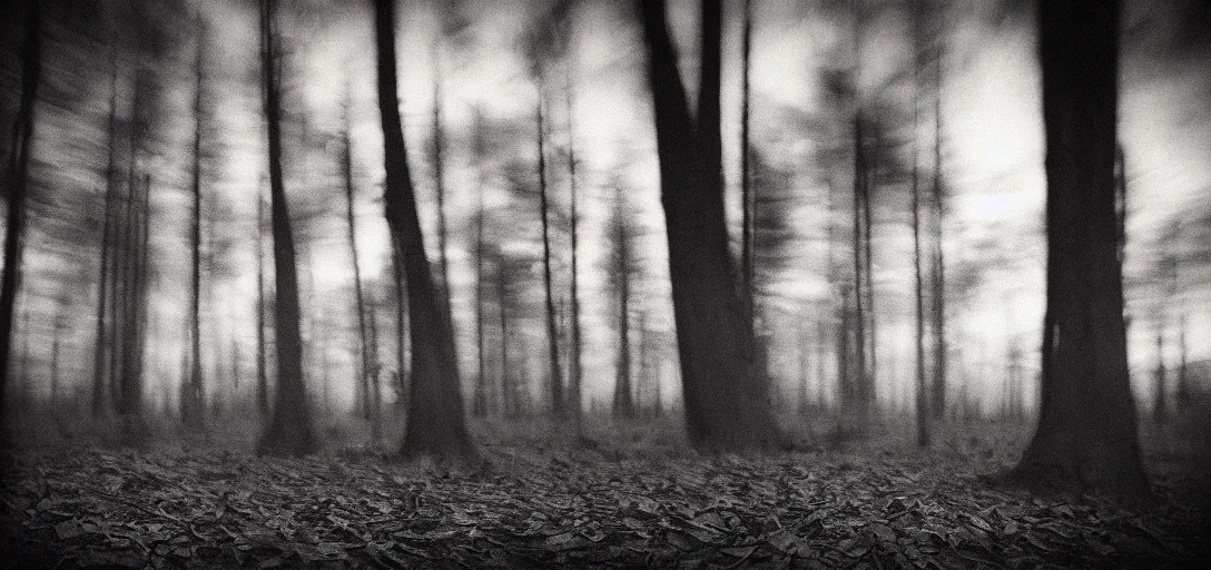 Prompt: sunset in the wood, pinhole analogue photo quality, monochrome, blur, unfocus, 35mm