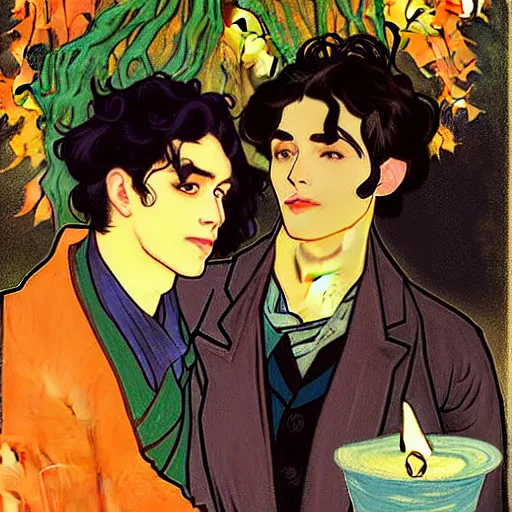 Image similar to painting of young cute handsome beautiful dark medium wavy hair man in his 2 0 s named shadow taehyung and cute handsome beautiful min - jun together at the halloween party, bubbling cauldron, candles, smoke, tarot, autumn colors, elegant, stylized, soft facial features, delicate facial features, art by alphonse mucha, vincent van gogh, egon schiele