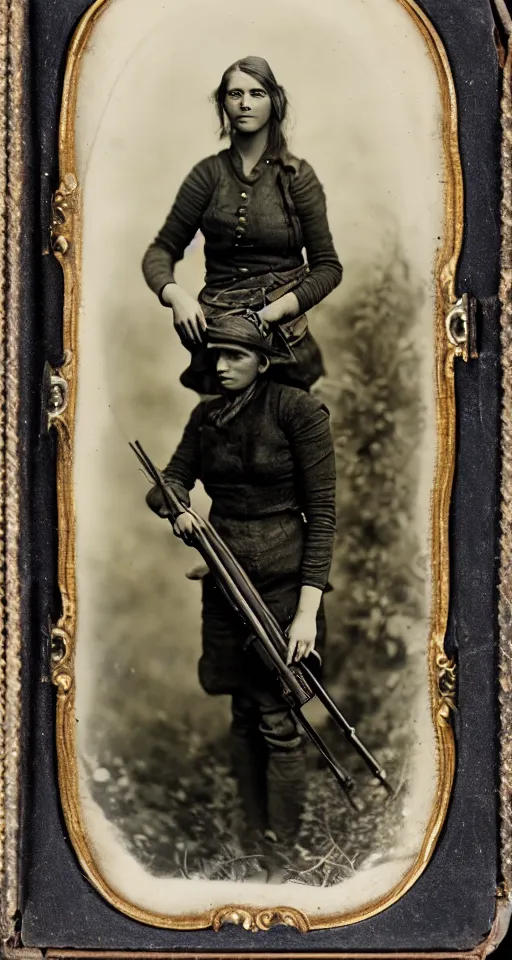 Image similar to a highly detailed wet plate photograph, a portrait of a female hunter holding a rifle