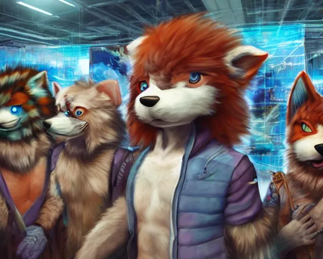 Image similar to high - resolution photograph from a nanopunk era furry fandom convention ( midwest furfest 2 0 4 7 ), taking place after the genetic revolution and singularity. photorealistic.