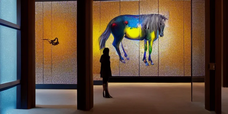 Image similar to Photorealistic Cinematography of a Damien Hirst horse suspended in a infinity mirror tank embeded into the wall of a 60s hotel filled with yellowish brown murky milky embalming fluid with a beautiful woman in the foreground, inside mid century modern hotel hallway at magic hour with the sun shining god rays shining into a large 60's hotel lobby room filled with volumetric haze by the shining Cinematographer john alcott on a cooke panchro 18mm lens and shot on eastman kodak 5254 color 35mm film, in color