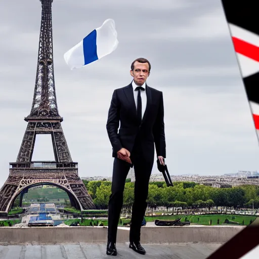 Image similar to Still of a James Bond movie starring Emmanuel Macron as James Bond. Emmanuel Macron holds a Beretta, a baguette and a French flag in front of the Eiffel Tower. Nikon, sigma 1/6, 50 mm