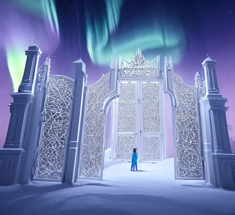 Prompt: a very detailed concept art of intricate and well designed white gates to aurora borealis infused with magic by wes anderson, dynamic lighting trending on artstation, symmetry, digital art, 4 k, hyper realistic, octane render, sharp focus