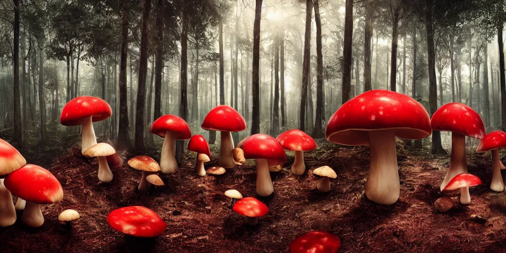 Image similar to Photo by Filip Hodas of the cinematic view of the Forest of the Giants, various giant mushrooms, some little mushrooms on the floor, only 3 very big red mushroom with white spots in second photo plan, photorealism, a few sun ray of lights falling with dust, def of field, photo taken with canon 5D