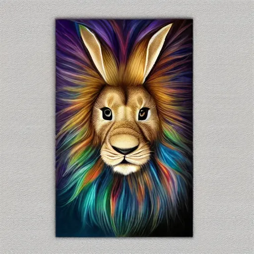 Prompt: cute fluffy tan lop eared bunny rabbit with long colorful flowing lion mane with mohawk hairstyle hybrid animal detailed painting 4 k